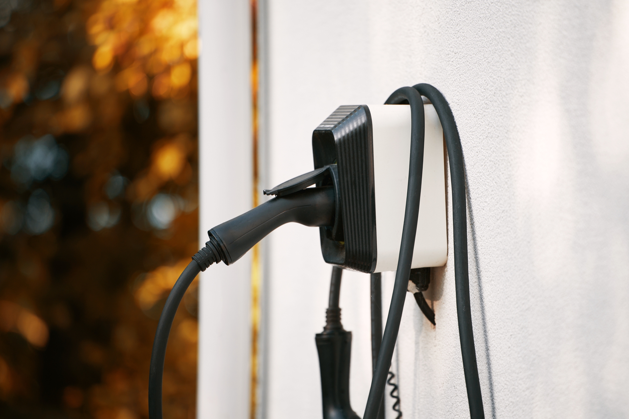 EV charger plugged into a residential charging station against an autumnal background